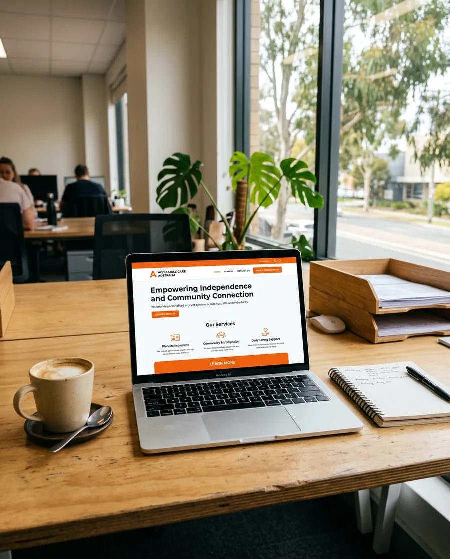Accessible disability support provider website shown on a laptop in a Sydney office