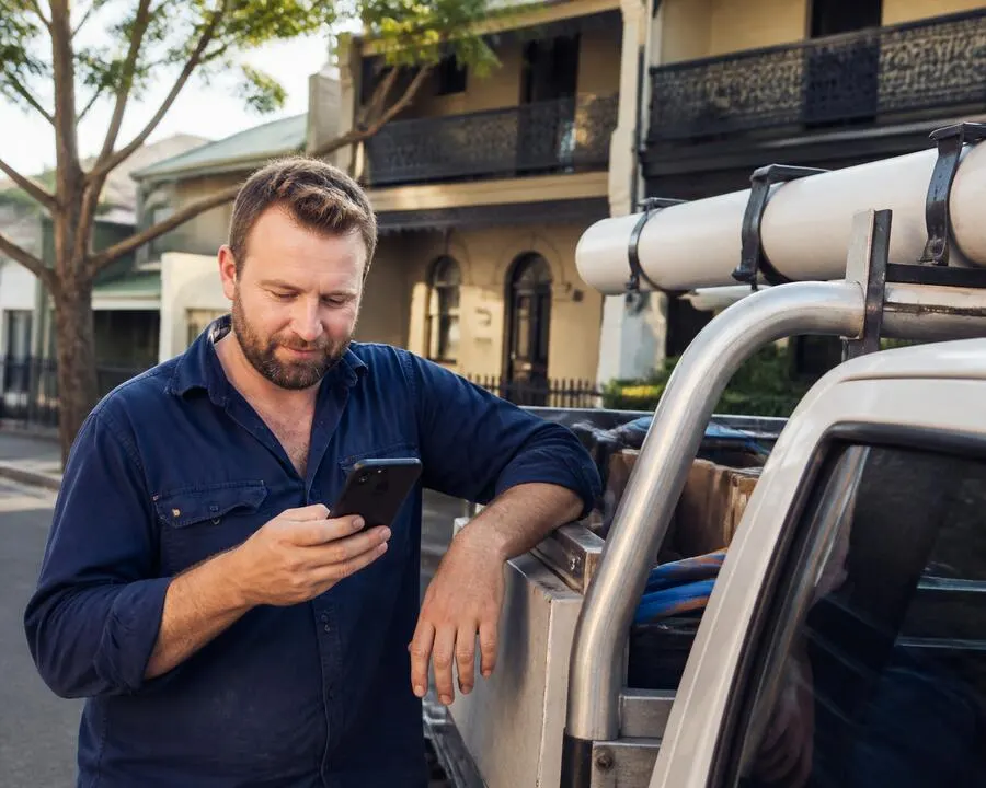 Plumber reviewing his new website on a Sydney job site